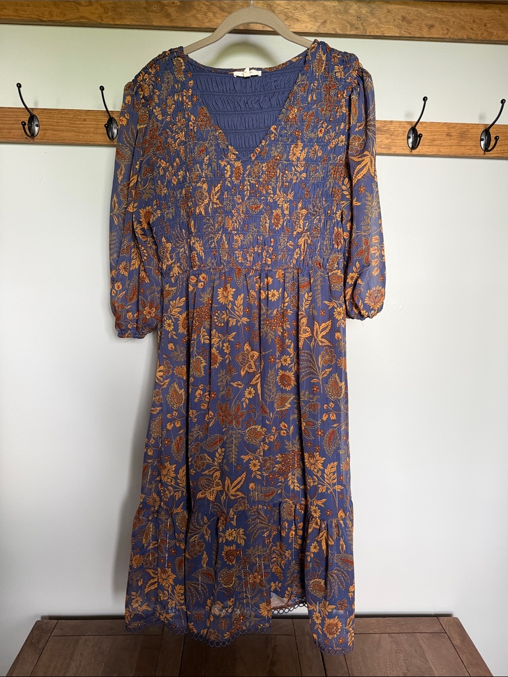 Maurices Blue and Gold Floral Midi Dress with Smocked Bodice
